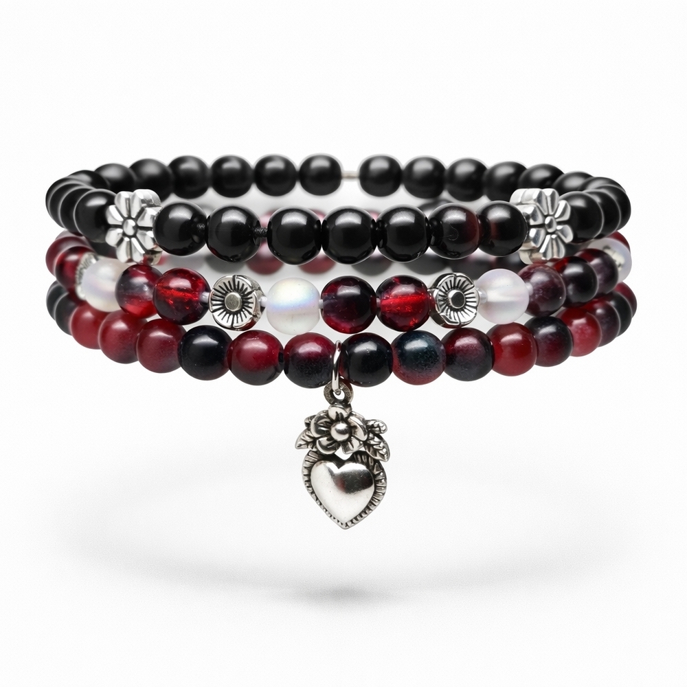 Layered Black & Red Beaded Stack Bracelet with Silver Heart Charm